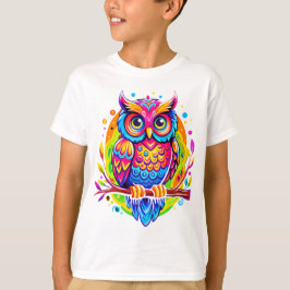 Regenboog uil met tropische bladeren op tak boom t-shirt