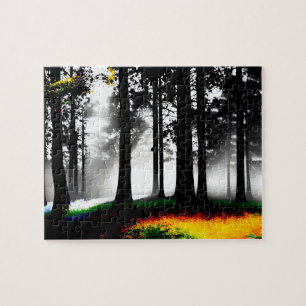 Regenboog Verf Splatter op Silhouet Bos Legpuzzel