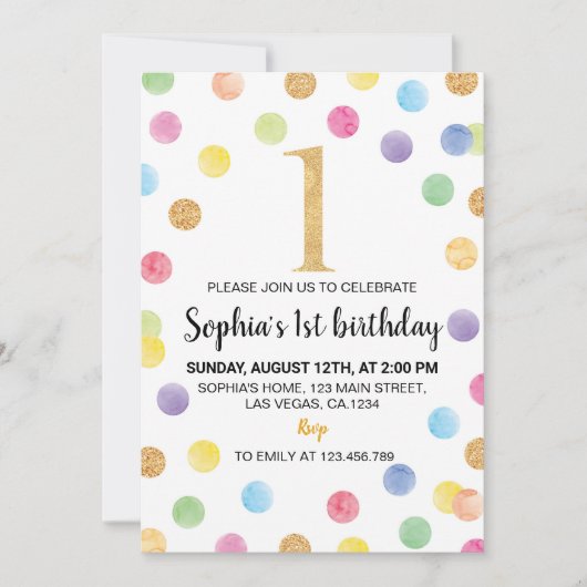 Regenboog Vlek 1e Verjaardag Uitnodiging Polka Dot (Voorkant)