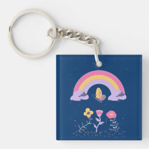 Regenboog Vlinder Bloemen Cloud Sleutelhanger