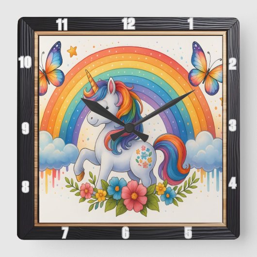 Regenboog Vlinder Fantasie Eenhoorn Vierkante Klok (Voorkant)