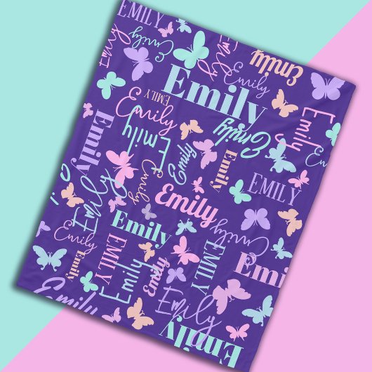 Regenboog vlinders aangepaste naam blauw roze paar fleece deken