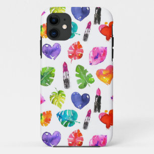 Regenboog waterverf palmbladeren pingenslipsticks iPhone 11 hoesje