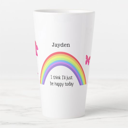 Regenboog, wees gelukkig vandaag. Vlinders en jouw Latte Mok (Voorkant)
