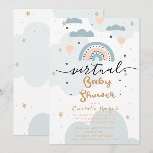 Regenboog,Wolken Sterren Virtuele Baby Shower Kaart (Voorkant / Achterkant)