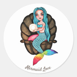 Regenboog zeemeermin met parel in Waterverf Ronde Sticker