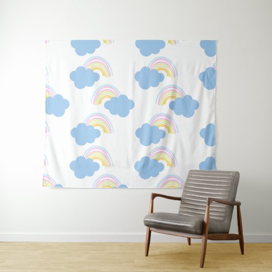 Regenboog Zomer Wolken Pastel Krabbel Doodle Wandkleed (In Situ (horizontaal))