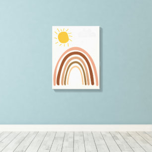 Regenboog Zon Wolk, Kindertekening, Boho Abstracte Canvas Afdruk