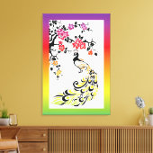 Regenboog, zwarte pauw en kersenbloesems canvas afdruk (Insitu (Woonkamer))