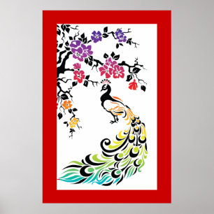 Regenboog, zwarte pauw en kersenbloesems poster