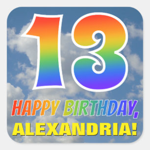 Regenboogblik "13" & "HAPPY BIRTHDAY", wolken, Sky Vierkante Sticker