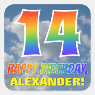 Regenboogblik "14" & "HAPPY BIRTHDAY", wolken, Sky Vierkante Sticker