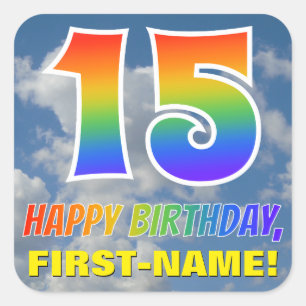 Regenboogblik "15" & "HAPPY BIRTHDAY", wolken, Sky Vierkante Sticker