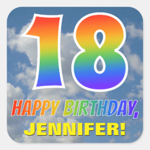 Regenboogblik "18" & "HAPPY BIRTHDAY", wolken, Sky Vierkante Sticker