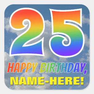 Regenboogblik "25" & "HAPPY BIRTHDAY", wolken, Sky Vierkante Sticker