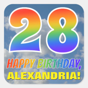 Regenboogblik "28" & "HAPPY BIRTHDAY", wolken, Sky Vierkante Sticker