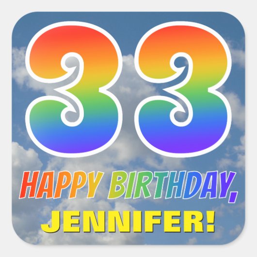 Regenboogblik "33" & "GELUKKIGE VERJAARDAG", Wolke Vierkante Sticker (Voorkant)