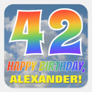Regenboogblik "42" & "HAPPY BIRTHDAY", wolken, Sky Vierkante Sticker