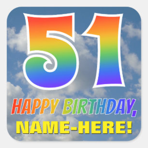 Regenboogblik "51" & "HAPPY BIRTHDAY", wolken, Sky Vierkante Sticker