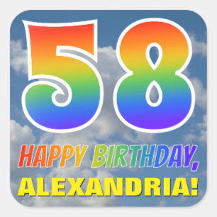 Regenboogblik "58" & "HAPPY BIRTHDAY", wolken, Sky Vierkante Sticker