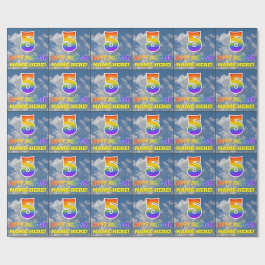 Regenboogblik "5" en "HAPPY BIRTHDAY", wolken, Sky Cadeaupapier (Vlak)
