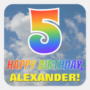 Regenboogblik "5" en "HAPPY BIRTHDAY", wolken, Sky Vierkante Sticker