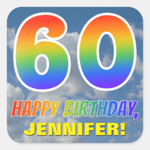 Regenboogblik "60" & "HAPPY BIRTHDAY", wolken, Sky Vierkante Sticker