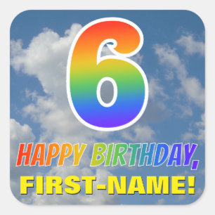 Regenboogblik "6" & "GELUKKIGE VERJAARDAG", Wolken Vierkante Sticker