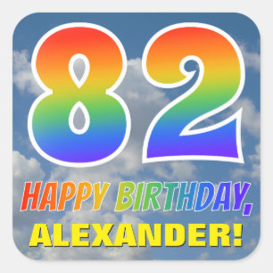 Regenboogblik "82" & "HAPPY BIRTHDAY", wolken, Sky Vierkante Sticker