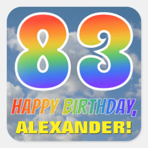 Regenboogblik "83" & "HAPPY BIRTHDAY", wolken, Sky Vierkante Sticker