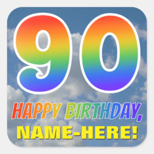 Regenboogblik "90" & "HAPPY BIRTHDAY", wolken, Sky Vierkante Sticker