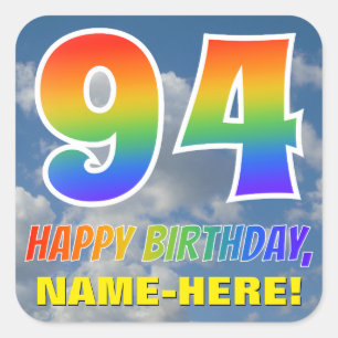 Regenboogblik "94" & "HAPPY BIRTHDAY", wolken, Sky Vierkante Sticker