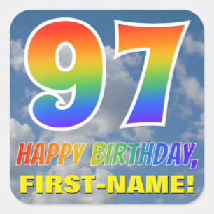 Regenboogblik "97" & "HAPPY BIRTHDAY", wolken, Sky Vierkante Sticker