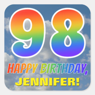 Regenboogblik "98" & "HAPPY BIRTHDAY", wolken, Sky Vierkante Sticker