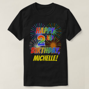 Regenboogblik HAPPY 2E BIRTHDAY; Fireworks + naam T-shirt