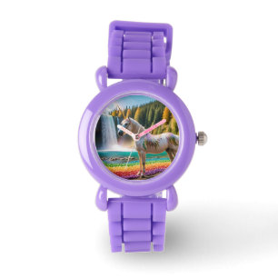 Regenboogbloemen Eenhoorn Groene bomen Waterval La Horloge