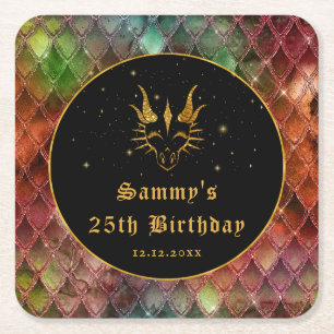 Regenboogdrakenschalen Gold Faux Glitter Birthday Vierkante Kartonnen Onderzetter