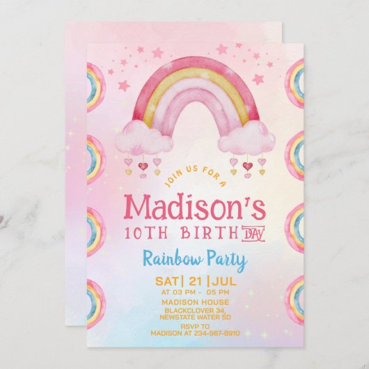 Regenboogfeest 10e verjaardag uitnodiging (Voorkant / Achterkant)