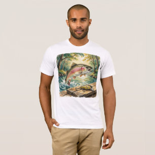 Regenboogforel die springt in bosbeek aquarel t-shirt