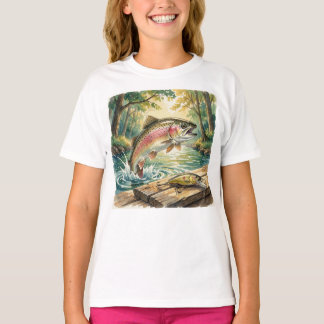 Regenboogforel springend in bosbeek aquarel t-shirt