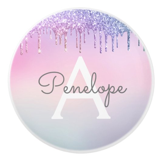 Regenboogglitterdruppels met monogram keramische knop (Voorkant)