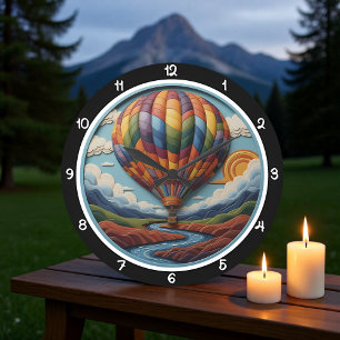 Regenboogheteballon boven rivier grote klok