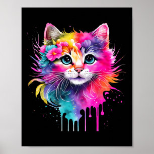 Regenboogkat Een Waterverf Verf Kleurrijke Bloemen Poster