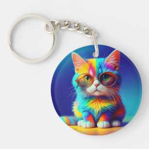 Regenboogkat met Bril Portret-47567 Sleutelhanger