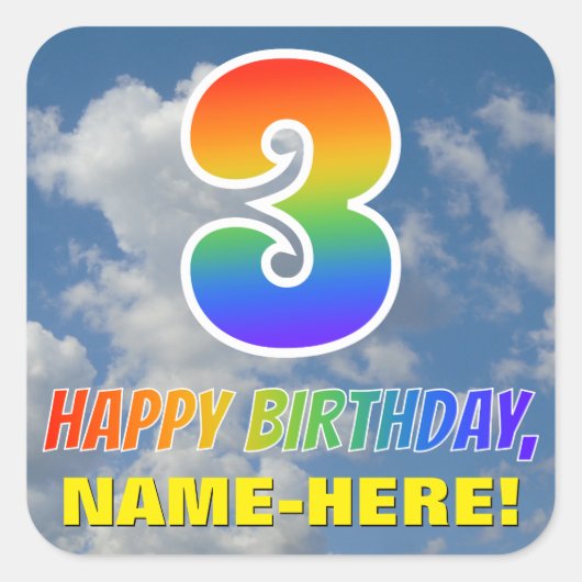 RegenboogKijk "3" & "HAPPY BIRTHDAY", Wolken, Sky Vierkante Sticker (Voorkant)