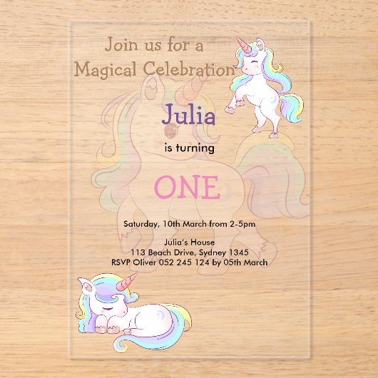 Regenboogkleur Eenhoorn baby meisje 1e verjaardag Acryl Uitnodigingen (Voorkant)