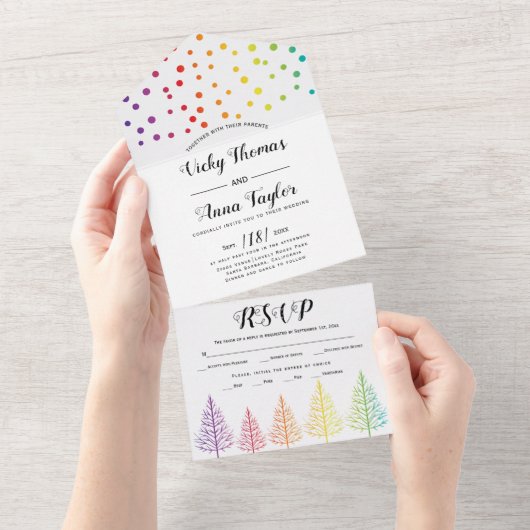 Regenboogkleuren bomen, stippen lesbische winterbr all in one uitnodiging (Afscheurbaar)