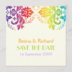 Regenboogkleuren damast bruiloft Save the Date