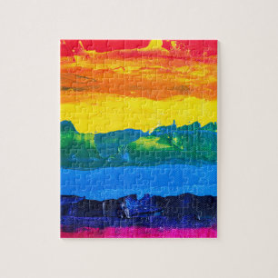 Regenboogkleurige acrylverf-kaaskleuren geprikte v legpuzzel