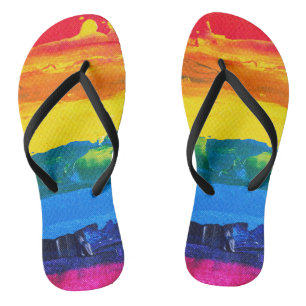 Regenboogkleurige acrylverf-kaaskleuren geprikte v teenslippers